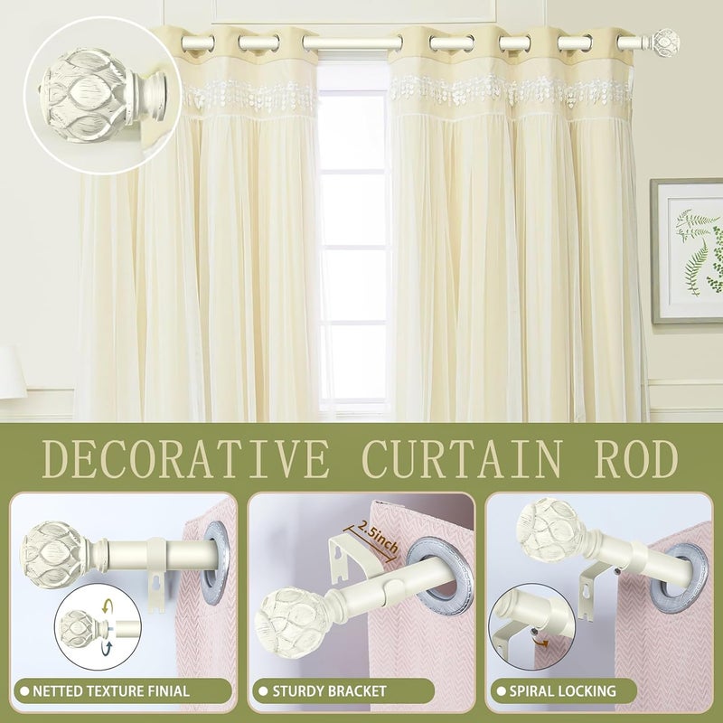 TANGWIN White Farmhouse Curtain Rods for Windows:Heavy Duty Adjustable Curtain Rod for Bedroom Living Room,Boho Decorative Rustic Drapery Rods with Vintage Coastal Finials,Antique White 2 Pack 18-45" - Image 2
